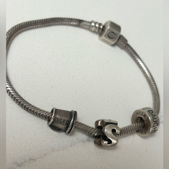 925 Sterling Silver Charm Bracelet with Cheer Charm, S Charm, Daughter Charm - Picture 1 of 5